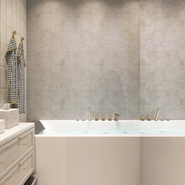 Compact Eclectic Bathroom with a Built-In Jetted Tub