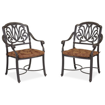 Set of 2 Outdoor Dining Chair, Cast Aluminum Frame With Leaf Patterned Cushion