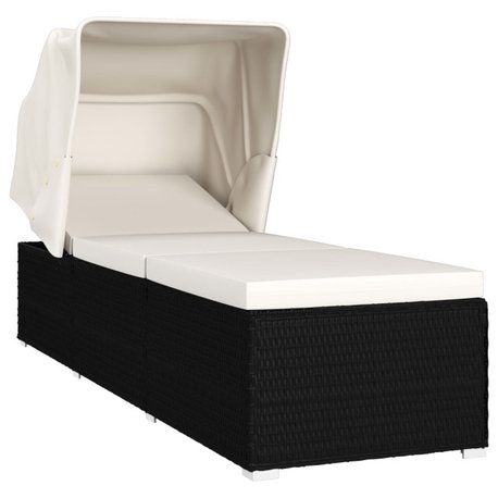 vidaXL Patio Lounge Chair Sunbed Foldable Canopy and Cushion Black Poly Rattan