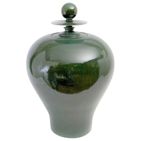 Luxe Fat Oversize MidCentury Modern Ginger Jar  Emerald Green Finial Decorative