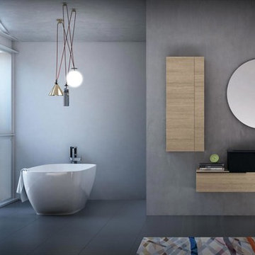 Modern bathroom with light wood and black vanity and black sink