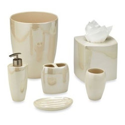 London Luxury Llc - Akoya Pearlized Ceramic Wastebasket in Ivory - Bathroom Accessories