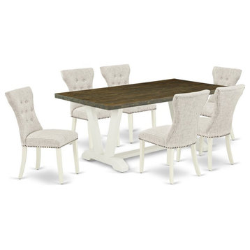 East West Furniture V-Style 7-piece Wood Dinette Set in Linen White/Doeskin