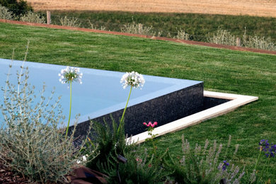 Immagine di una piscina a sfioro infinito classica personalizzata di medie dimensioni e dietro casa con una dépendance a bordo piscina e pavimentazioni in pietra naturale