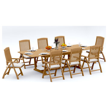 9-Piece Outdoor Teak Dining: 117" Masc Rectangle Table, 8 Marley Folding Chairs
