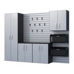 Flow Wall Deluxe Workstation Cabinet Kit with Panels and Soft Bins, Silver - Garage And Tool Storage