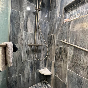 Master Bathroom Remodeling in Alexandria with Walk-in shower and white cabinets