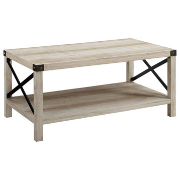 Farmhouse Coffee Table, MDF Construction & Industrial X-Accents, White Oak