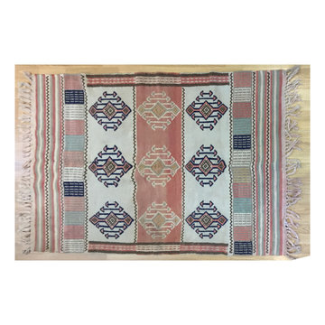 Vintage 7x4 Turkish Kilim Area Rug, Unique Beige Pink Wool Distressed Bedroom Fr