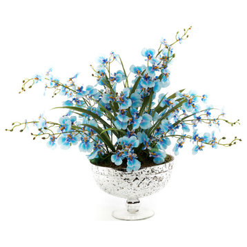Blue Silk Oncidium Orchid Arrangement in Antique Silver Vase