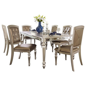 7-Piece Oksana Mirrored Dining Set Table, 2 Arm, 4 Side Chair, Champagne