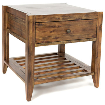 Contemporary End Table, Hardwood Construction & Slatted Open Shelf, Rich Brown