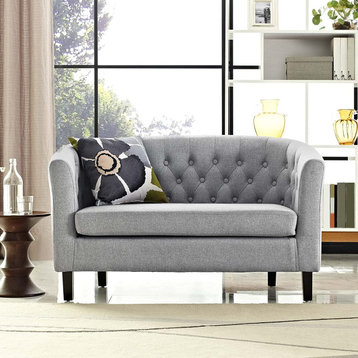 Contemporary Loveseat, Cushioned Seat With Button Tufted Curved Back, Light Grey
