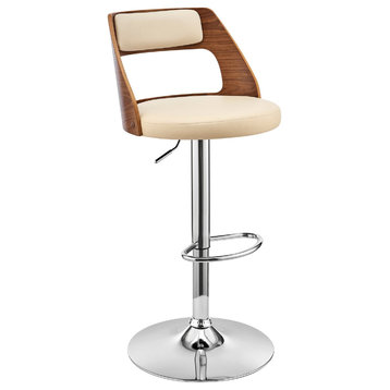 Adjustable Barstool With Open Wooden Back, Cream and Brown