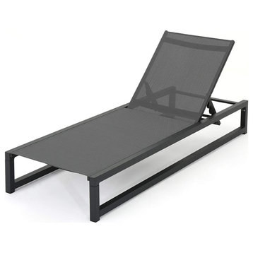 Modern Patio Chaise Lounge, Aluminum Frame and Adjustable Sling Seat, Black/Gray