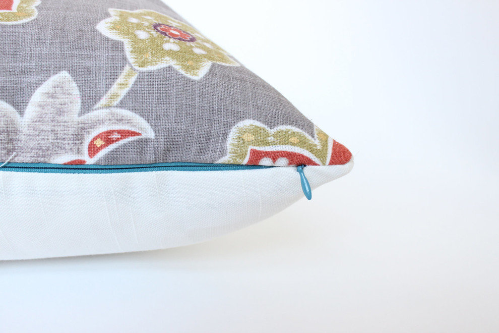 Designer Chartreuse and Faded Brick Red Flower Linen Pillow Cover