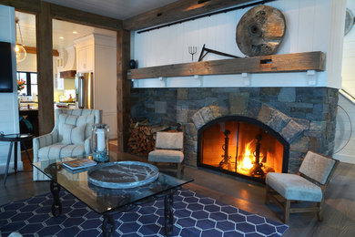 Living room - large farmhouse open concept light wood floor living room idea in New York with white walls, a standard fireplace, a stone fireplace and a wall-mounted tv