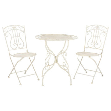 3 Pieces Patio Bistro Set, Round Table and Chairs With Scroll Work, Pearl White