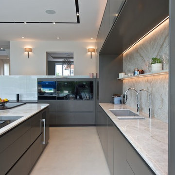 Kitchen in polished Corian, Taj Mahal Granite and Wenge
