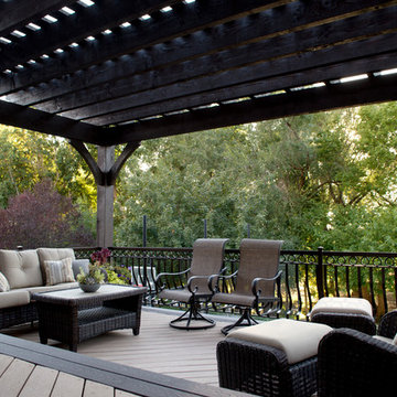 Timber Frame Tiered Pergolas, Deck, Ornamental Metal Railings