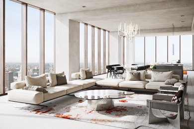 Large trendy loft-style light wood floor and gray floor living room photo in Chicago with gray walls