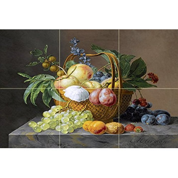 Tile Mural Still Life With Fruit and Flowers in a Basket, Ceramic Matte