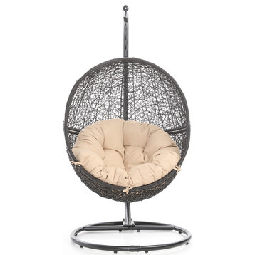 Modern Outdoor Shore Swing Chair with Stand - Black Basket with Khaki Cushion