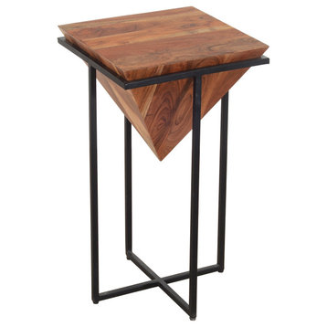 26 Inch Pyramid Shape Wooden Side Table With Cross Metal Base, Brown And Black