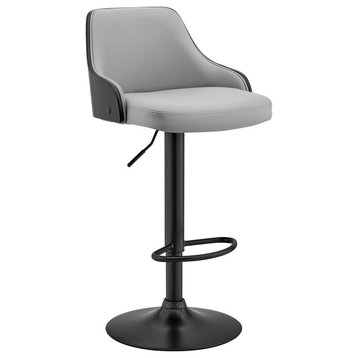 Asher Adjustable Faux Leather and Metal Bar Stool, Gray and Black