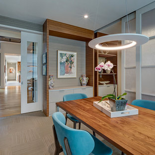 Design ideas for a medium sized modern home office and library in Dallas with grey walls, lino flooring, no fireplace and a freestanding desk.