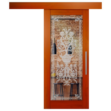 Hardwood Mahogany Sliding Barn Door With Glass Insert Included Hardware, 42"x84"