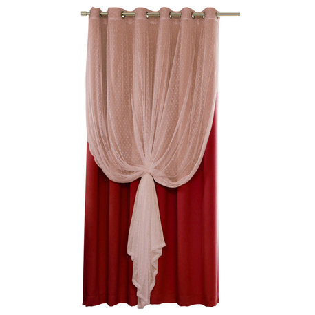 2 Piece Mix and Match Wide Dotted Tulle Lace Blackout Curtain Set, Cardinal Red