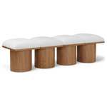Meridian Furniture - Pavilion Black Boucle Fabric Bench, Cream, Walnut Brown Finish, 62" W X 18" D X 17.5" H - Bring valuable seating and remarkable style to your space with this cream Pavilion boucle fabric bench, an exquisite balance of style and usability for the entryway, bedroom, and beyond. Crafted from oak veneer with a walnut brown finish, this bench has a 4-inch-thick seat cushion that's channel-tufted for a touch of luxury. The bench's columnar bases add a dash of art deco design, making it a captivating focal point in any room.
