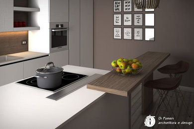 Immagine di una grande cucina moderna con lavello da incasso, ante lisce, ante bianche, paraspruzzi marrone e paraspruzzi in legno