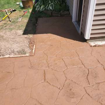 Stamped concrete, cedar deck