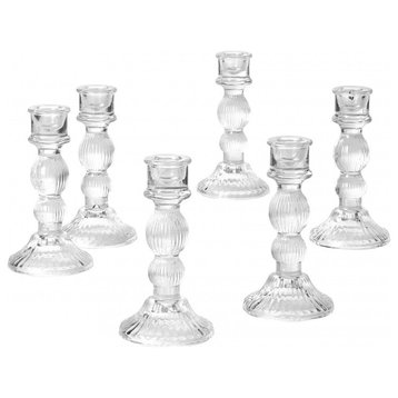 Set of 6 Ribbed Glass Candlestick Holders, Medium