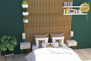 Idée de décoration pour une chambre en bois avec un mur vert et parquet clair.