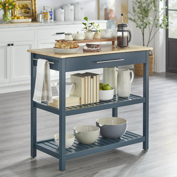 Minimalist Kitchen Cart, 2 Open Shelves & Drawer With Natural Top, Midnight Blue