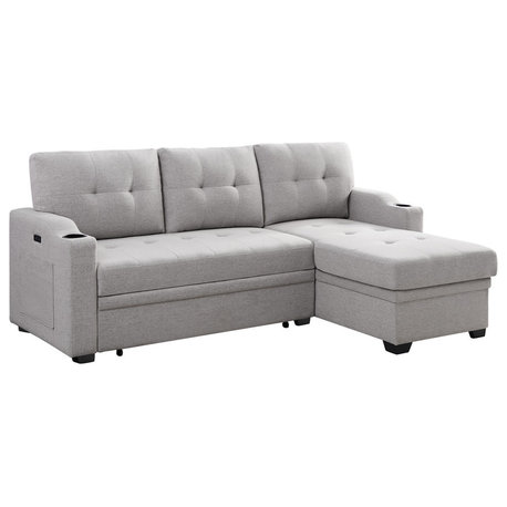 Mabel Fabric Sleeper Sectional With Cupholder, USB and Pocket, Light Gray, Linen