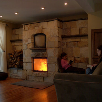 Natural Stone Tower and Battery Wall Masonry Heater with Benches/Oven