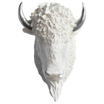 Faux Taxidermy Bison Head Wall Mount, White and Silver