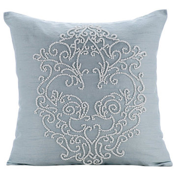 Beaded Boroque Damask 14"x14" Art Silk Light Blue Pillows Cover, French Wedding