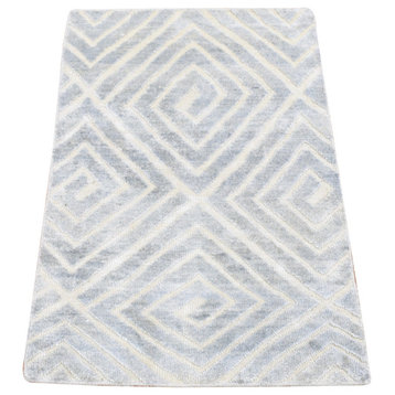 Light Gray Modern Design Silk With Textured Wool Hand Knotted Mat Rug, 2'x3'