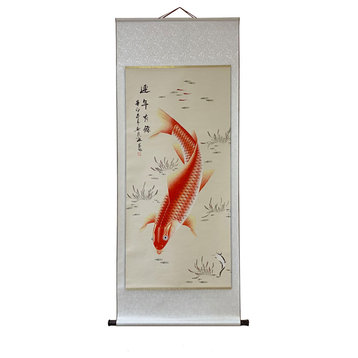 Chinese Fengshui Koi Fish Color Ink Scroll Painting Quality Wall Art Hws1887