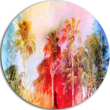 Retro Palms Watercolor, Trees Painting Large Disc Metal Wall Art, 11"
