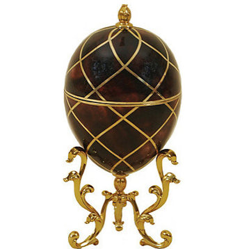 Dyed Pen Shell Inlaid Egg Shaped Decorative Box on Golden Brass Stand