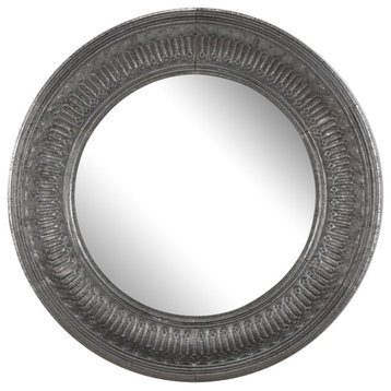 Round Wall Mirror With Thick Embossed Metal Border, Antique Gray