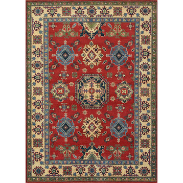Geometric Kazak 4’11” x 6’10” Red Wool Tribal Hand-Knotted Oriental Rug