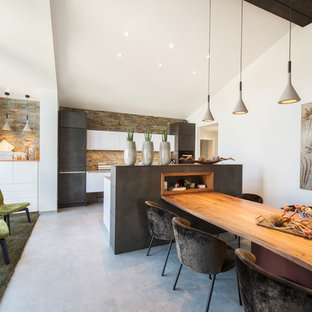 ニュルンベルクの広いコンテンポラリースタイルのLDKの画像 (白い壁、コンクリートの床、暖炉なし、グレーの床)