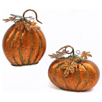 Set of 2 Assorted Metal Harvest Tabletop Pumpkins with Leaf Accents